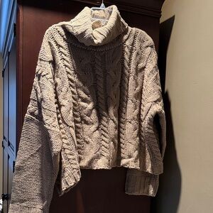 Cozy Cable Knit Turtleneck Cropped Sweater - Light Brown